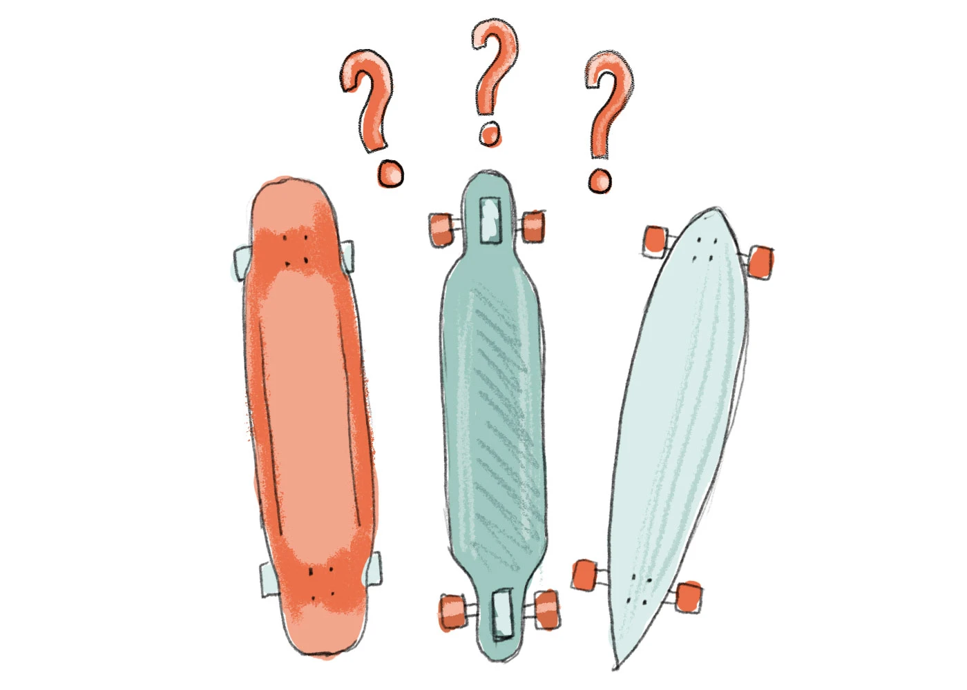 Longboard für Anfänger - Übersicht mit drei Boards und Fragezeichen darüber
