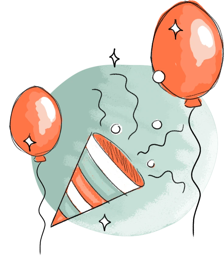 Köln Geburtstag feiern - 2 orangefarbene Luftballons mit einem Partyhut vor grünem Hintergrund